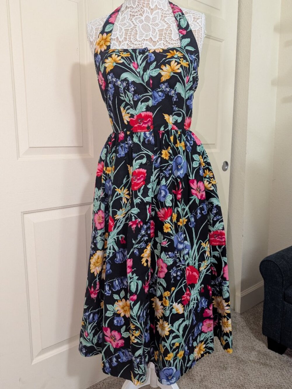 Vintage 80s Together Wildflower Halter Midi Dress - Small